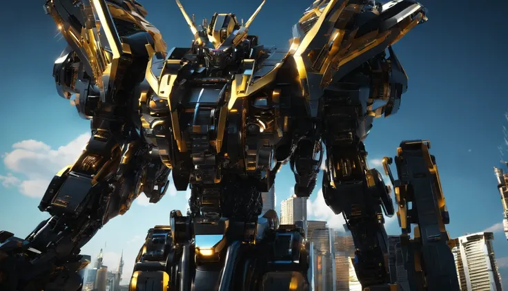 a giant mecha looking like the aerial in gundam, in a wharehouse, black and gold, glowing eyes, from below, (16k,masterpiece:1.3)