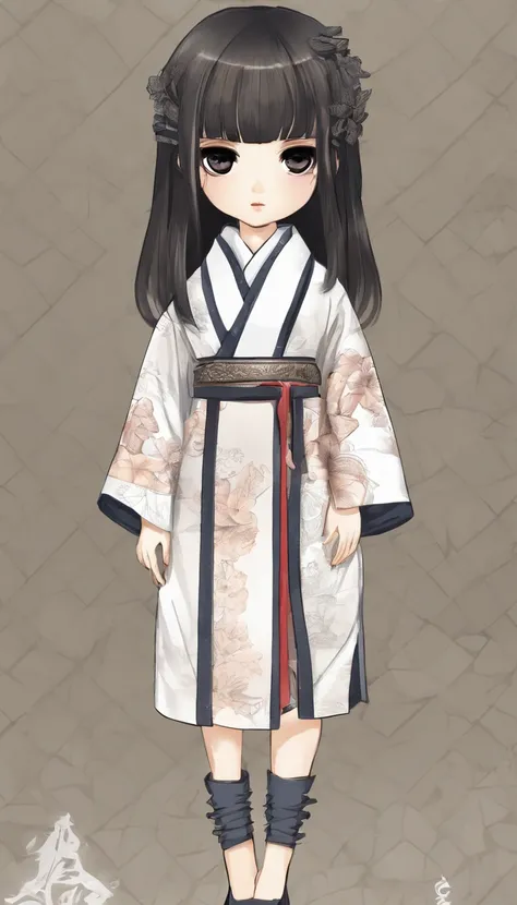 "Create a cute cartoon style drawing, A 7-year-old Japanese girl smiling slightly, Similar to Blythe dolls. She wears a kimono, The brunette is styled as Bob, Dark eyes, Cute little nose, and slender figure. The girl stood facing forward，Hang your hands at...