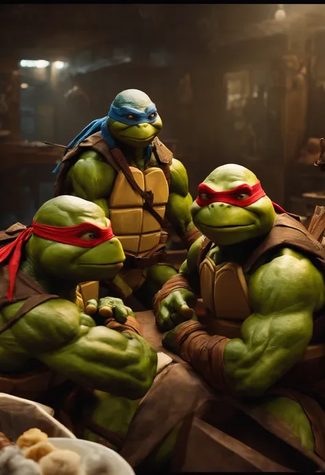 Four people play as Teenage Mutant Ninja Turtles，Sit around the table and eat buns，Look at the camera