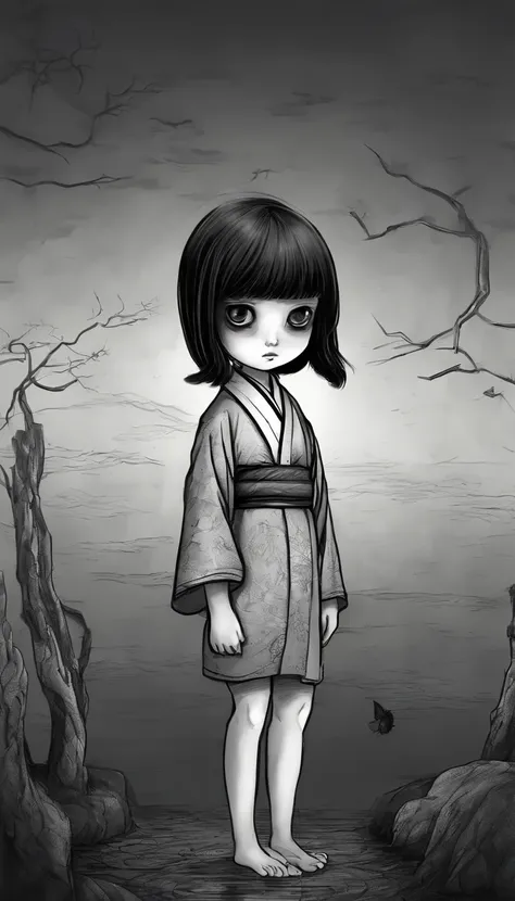 "Create a cute cartoon style drawing, A 7-year-old Japanese girl smiling slightly, Similar to Blythe dolls. She wears a kimono, The brunette is styled as Bob, Dark eyes, Cute little nose, and slender figure. The girl stood facing forward，Hang your hands at...