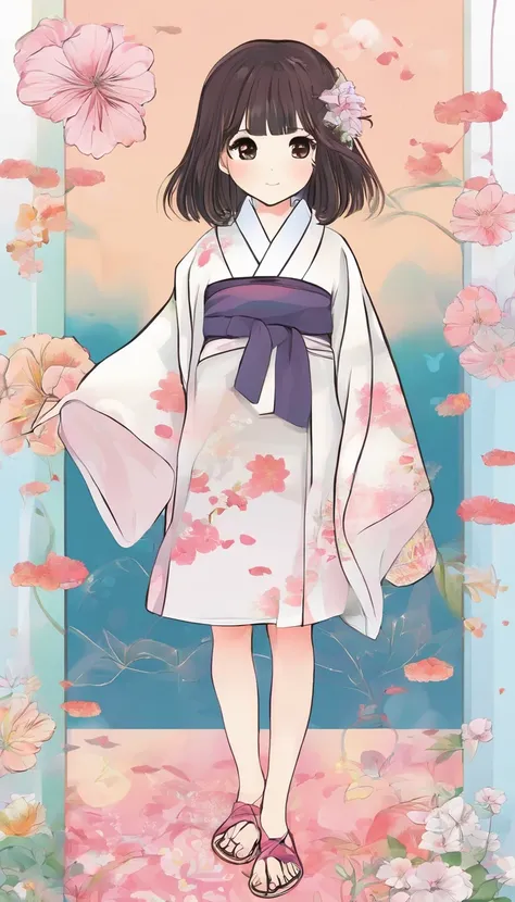 "Create a cute cartoon style drawing, A 7-year-old Japanese girl smiling slightly, Similar to Blythe dolls. She wears a kimono, The brunette is styled as Bob, Dark eyes, Cute little nose, and slender figure. The girl stood facing forward，Hang your hands at...