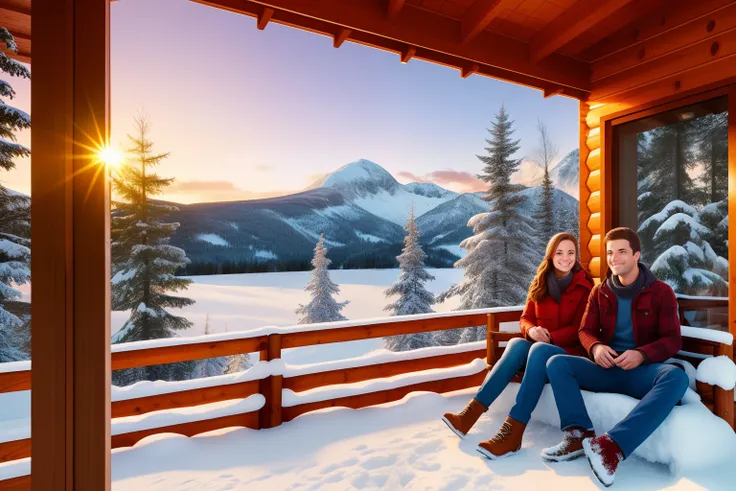 Cool couple just chilling sitting in the porch of a wood cabin in a snowy mountain, colourful winter clothing, smiling, sunset, bushes and trees with snow, highly detailed. Photorealistic.