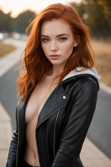 a photo of a seductive woman with loose styled (redhead hair:1.1), bored, she is wearing a hoodie and black leather jacket, mascara, (textured skin, skin pores:1.1), (moles:0.8), imperfect skin, goosebumps, flawless face, (light freckles:0.9), (sun-kissed:...