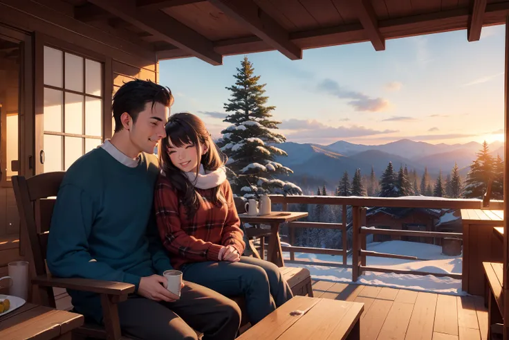 Cool couple just chilling sitting in the porch of a wood cabin in a snowy mountain, colourful winter clothing, smiling, sunset, bushes and trees with snow, highly detailed. Photorealistic.