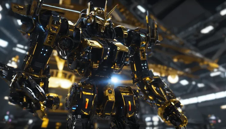 a giant mecha inspired from gundam, in a wharehouse, black and gold, glowing eyes, from below, perspective, best quality, super detail, masterpiece, 8k, 16k