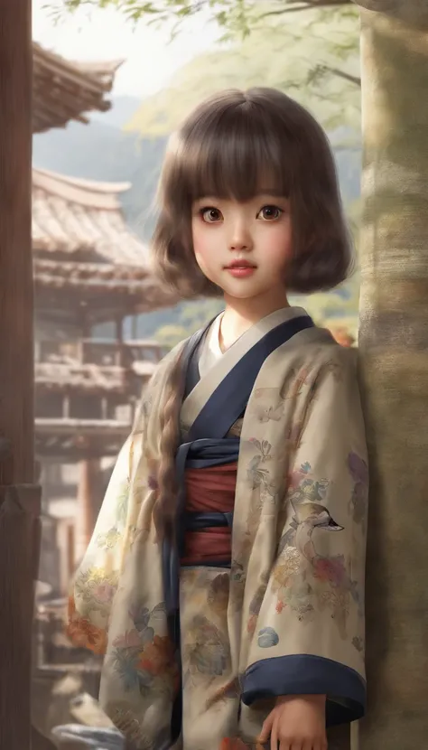 "Create a cute cartoon style drawing, A 7-year-old Japanese girl smiling slightly, Similar to Blythe dolls. She wears a kimono, The brunette is styled as Bob, Dark eyes, Cute little nose, and slender figure. The girl stood facing forward，Hang your hands at...