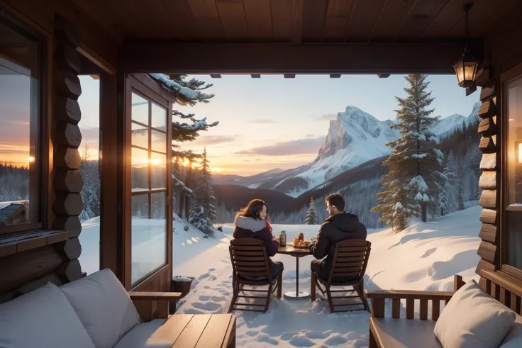 Cool couple just chilling sitting in the porch of a wood cabin in a snowy mountain, colourful winter clothing, smiling, sunset, bushes and trees with snow, highly detailed. Photorealistic.