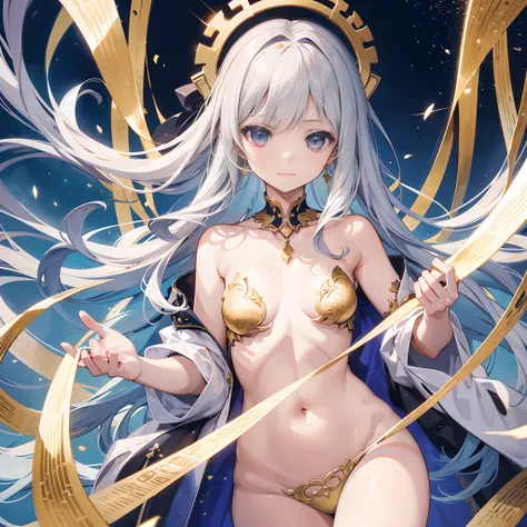 1 girl, solo, young girl, tale-like ambience, zoomed out, spoiled room, very dim lighting, gold flakes flying, almost naked, small breasts, very long silver hair, dressed as an ancient goddess,