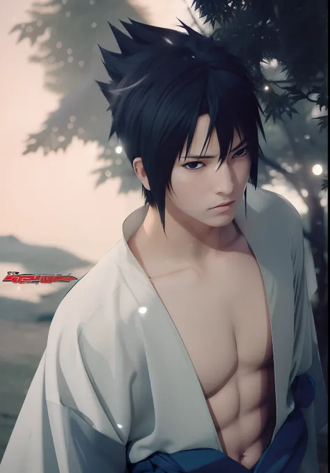 uchiha sasuke. a man is standing under a tree. she had black hair. that poking out. he wears. typical japanese men dressed in wh...