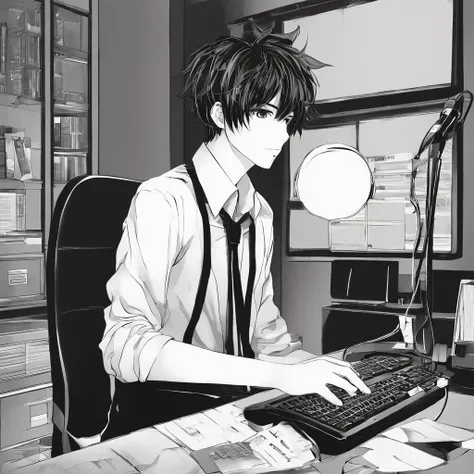 19 years old, teenager, guy with tied-up hair, with a desk microphone, in a nighttime room, face lit up, PC by the side