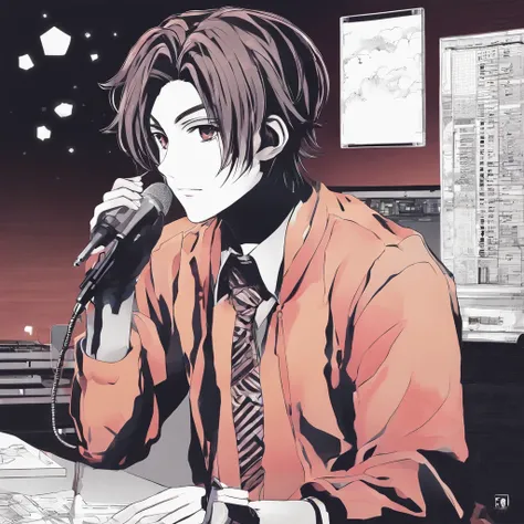 19 years old, teenager, guy with tied-up hair, with a desk microphone, in a nighttime room, face lit up, PC by the side