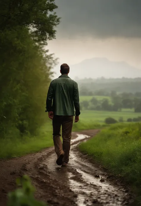 (a man walking on a dirt road surrounded by nature, 8k, with a rainy sky)

best quality,8k,(realistic:1.37),ultra-detailed,nature scenery,man walking on a dirt road,splashing raindrops on the ground,green trees and bushes,birds singing in the background,pe...