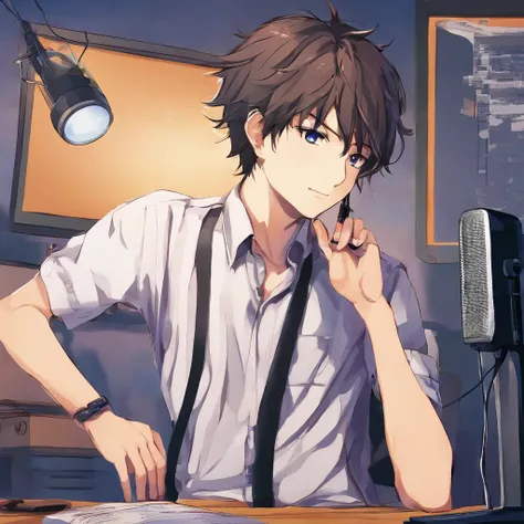 19 years old, teenager, guy with tied-up hair, with a desk microphone, in a nighttime room, face lit up, PC by the side