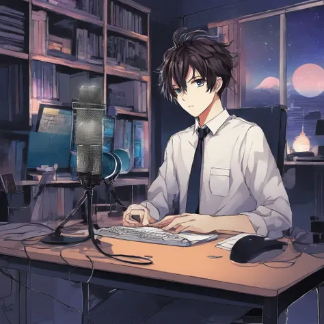 19 years old, teenager, guy with tied-up hair, with a desk microphone, in a nighttime room, face lit up, PC by the side