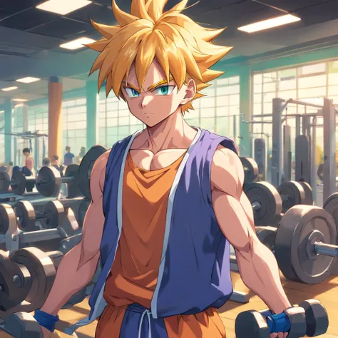 a detailed illustration Trunks, Dragon ball z, in gym clothes training intensely in a bodybuilding gym, corpo inteiro