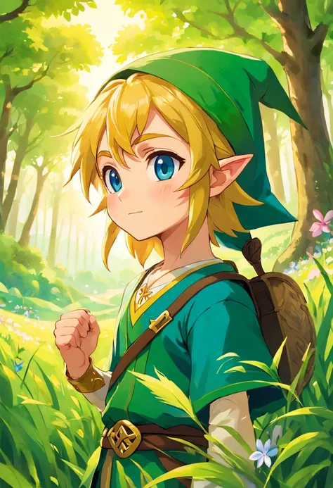 Um menino com cabelos loiros e orelhas pontiagudas, wearing a green hat and a blue tunic, segurando uma espada e um escudo, Standing in a vast green field filled with tall grass and blooming flowers, surrounded by lush trees. The boy has intense blue eyes ...