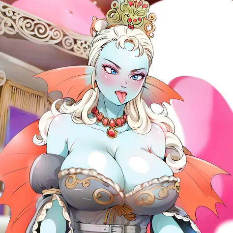 8K,High quality,Anime,married woman,Beautiful,clean,Bright,highlight in eyes,Sexy,ultra gigantic tits,oversized tits,Erotic,,beautiful line art. Blue skin, Blue and orange gradient ear fins, Tongue out, sexy expression, royal background, Black Dress,8K,Hig...