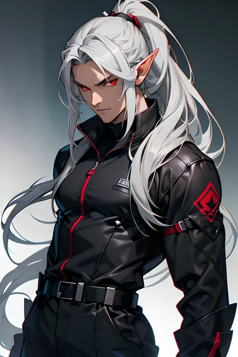 Handsome man , Elf ears , Extremely long hair , Silver hair ,  hair in a ponytail ,red eyes , black sclera , muscular , gray jumpsuit,