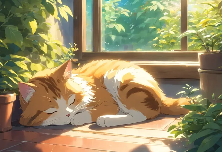 Raise a lazy cat sleeping in a window near a sunny garden