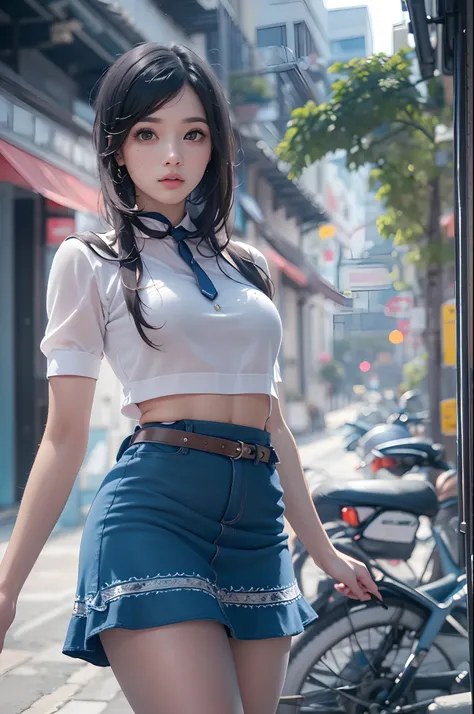 photo of pho3b3cat3s, beautiful woman, ((24 years old)), street, short blue skirt,blue sailor suit,blue miniskirt， longblackhair...