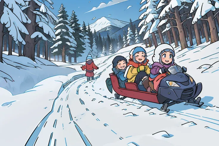 Joyful kids descending of a snow mountain in sleds, colourful winter clothing, snowy mountain, forest in the distance, sunny day of winter, highly detailed, low point of view, great angular. Photorealistic.