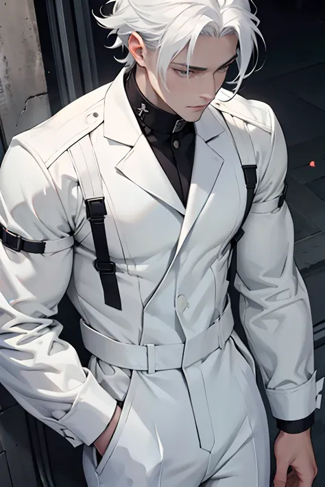 Handsome man , Pale skin , Silver eyes , White hair , White jumpsuit , has a black collar