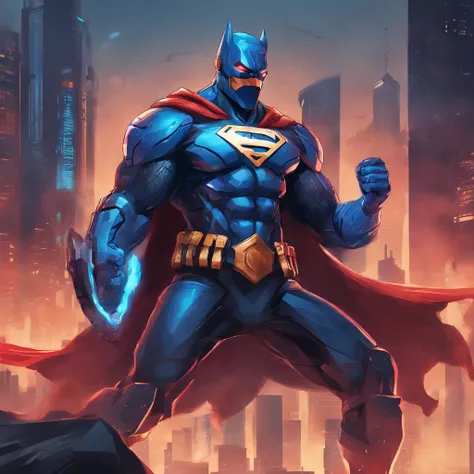 (best quality,ultra-detailed),overpowering hero,blue firepower in hands,detailed art,superhero,cape,mask,emblem,fierce expression,muscular build,heroic pose,cityscape in background,strong lighting,vibrant colors