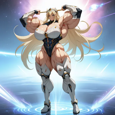 anime woman, long blonde hair, flexing pose, pale skin looking at the viewer ,anime-style drawing of a woman in a space suit, cyborg goddess in the cosmos, holographic blade!, princess intergalactic, knights of zodiac girl, mermaid cyborg with a laser whip...