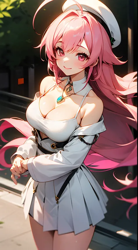 1 girl, game CG, white clothes, visible shoulders, visible cleavage, white short skirt, small white beret, neck jewel pendant, gigantic breasts, pink hair, long hair, straight hair, ahoge, pink eyes, pov, smile , stand, outdoors,