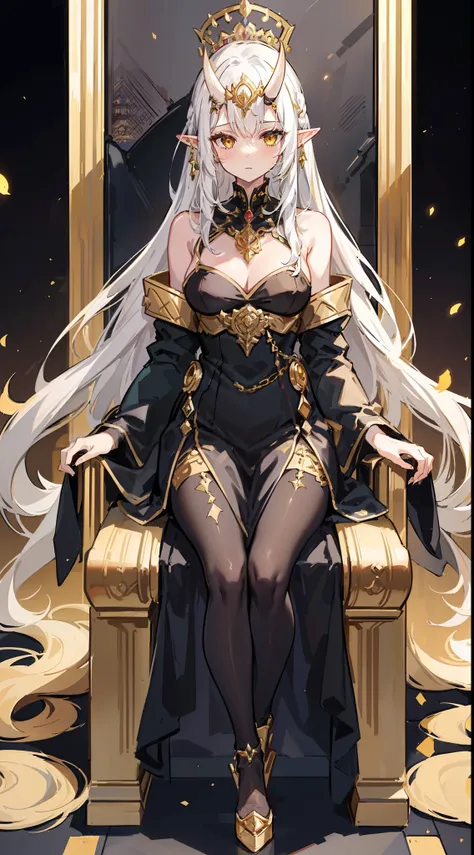 1girl,20 years,solo,((happy)),black and golden long dress,medium tits,white hair,long hair,yellow eyes,elves ears,((white pantyhose)),golde tiara,oni horns,Detailed ,gold high heels,Luxurious Gold Decoration,(((sitting on a throne inside a castle)))