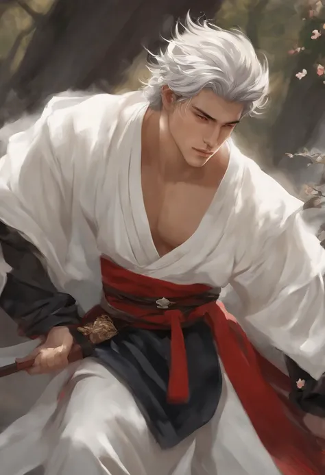 Primer plano de un hombre de pelo corto sosteniendo una espada，Hombres aleman，Hanfu blanco，bordado negro，Chicos guapos en el arte，Cabello negro，disheveled hair long robes，Hermosa pintura de personajes，figura de anime，Arte detallado del personaje，Personajes...