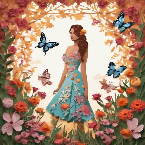 a woman with flowers around, butterflies in the garden, detailed environment, (best quality, ultra-detailed, realistic:1.37), vivid colors, soft lighting, oil painting style