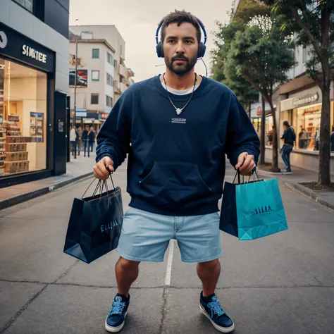 Create a 35-year-old looking guy who is holding shopping bags with a dark blue landscape, with a headset and in skateboarder clothes!