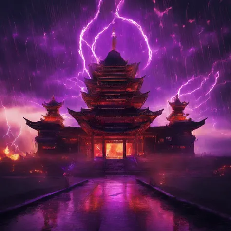 In heavy rain，（（A huge castle complex of ancient square-topped stones burning in the fire））The picture quality is excellent，Lightning，Yellow light fog，电影灯光，Natural, realistic colors，Full composition，The style refers to Van Gogh，Subject content，Burning wood...