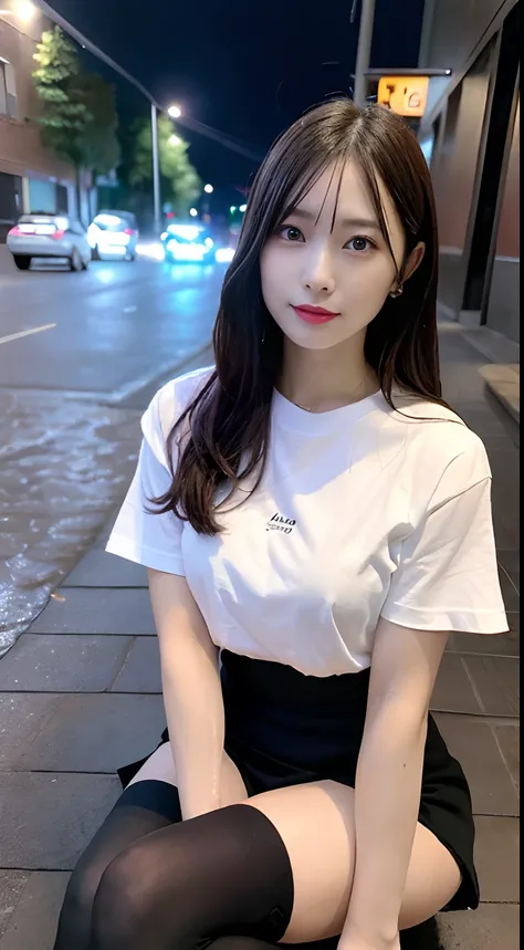 ((Realistic lighting, Best Quality, 8K, Masterpiece: 1.3)), Focus: 1.2, 1girl, Perfect Beauty: 1.4, Slim Abs: 1.1, (Big Breasts), (White Shirt: 1.4), (Outdoor, Night: 1.1), City Street, Super Fine Face, Fine Eyes, Double Eyelids, (Over the Knee Black Stock...