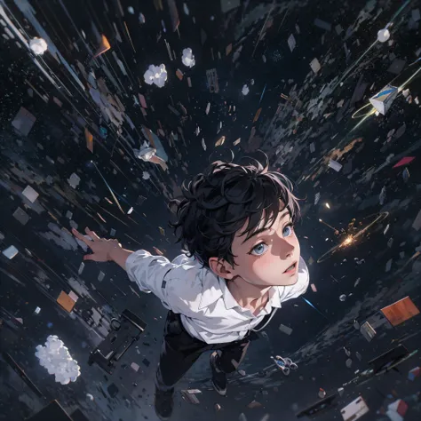 ridiculous resolution, high resolution, (masterpiece:1.4), super detailed, 1boy, white shirt, black jacket, seen from above, space, floating, comets --v 6