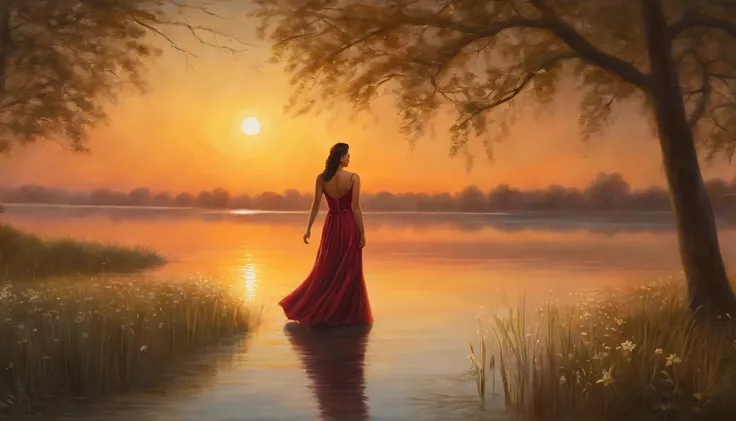 painting of a woman in a long dress walking in a lake, romantic painting, she is walking on a river, beautiful painting, beautiful art uhd 4 k, inspired by Evgeny Lushpin, beautiful maiden, gorgeous painting, painting of beautiful, a beautiful painting, tw...