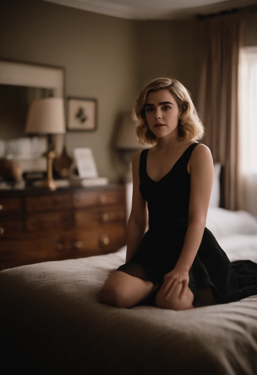 Kiernan Shipka  with large breasts posing topless in black girdle in bedroom