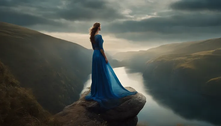 Arafed woman in blue dress standing on a cliff overlooking a river, cinematic photograph concept art, dramatic cinematic shot, Fantasia sombria misturada com realismo, atmosfera de fantasia sombria, eerie moorlands behind her, intricate and epic compositio...