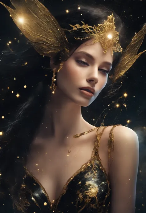 close-up of a young woman wearing a black dress and gold liquid, liquid gold with porpurine, shiny, pretty face, detailed eyes, soft lips, floating in outer space and planets in the background, fluid, wet, dripping, waxy, smooth, realistic , octane renderi...