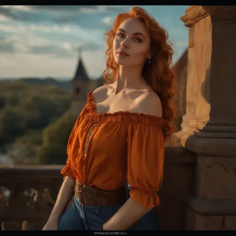 tiktok girl, (from_behind:1.3) (lying:1.2) redhead , wavy_hair , victorian era , orange (open shirt) , on ramparts , jewelry, (full_body:1.4), (realistic:1.4), masterpiece, high quality, realistic lighting, center of frame, 8k, hdr, amateur, face scar