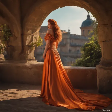 tiktok girl, (from_behind:1.3) (lying:1.2) redhead , wavy_hair , victorian era , orange (open shirt) , on ramparts , jewelry, (full_body:1.4), (realistic:1.4), masterpiece, high quality, realistic lighting, center of frame, 8k, hdr, amateur, face scar