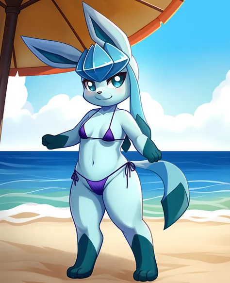 glaceon, Beautiful Art Style, 1girl, solo, playa, bikini, ropa con estampado de vaca, bikini con estampado de vaca, piel celeste.