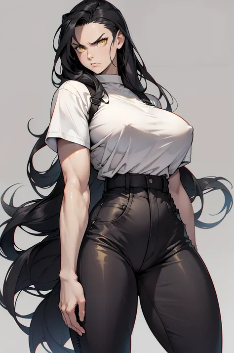 (grey background), solo, (1 girl), very long hair, black hair, angry, yellow eyes, muscular, huge tits, thick thighs, wide hips, pale skin, (tight shirt), (tight pants), standing