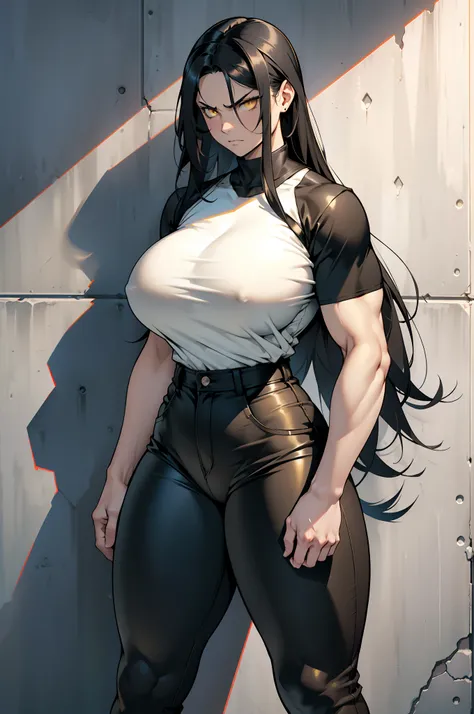 against wall, solo, ((1 girl)), very long hair, black hair, angry, yellow eyes, ((muscular)), ((huge tits)), ((thick thighs)), ((wide hips)), pale skin, (tight shirt), (tight pants), standing