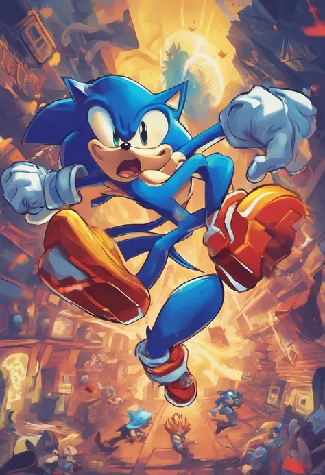 (a blue edition)sonic the hedgehog,fast running,heroic pose,determined expression,golden rings,emerald collection,jumping over obstacles,blur motion effect,speed lines,high intensity,comic book style,vibrant colors,stylized environment,nostalgic references...