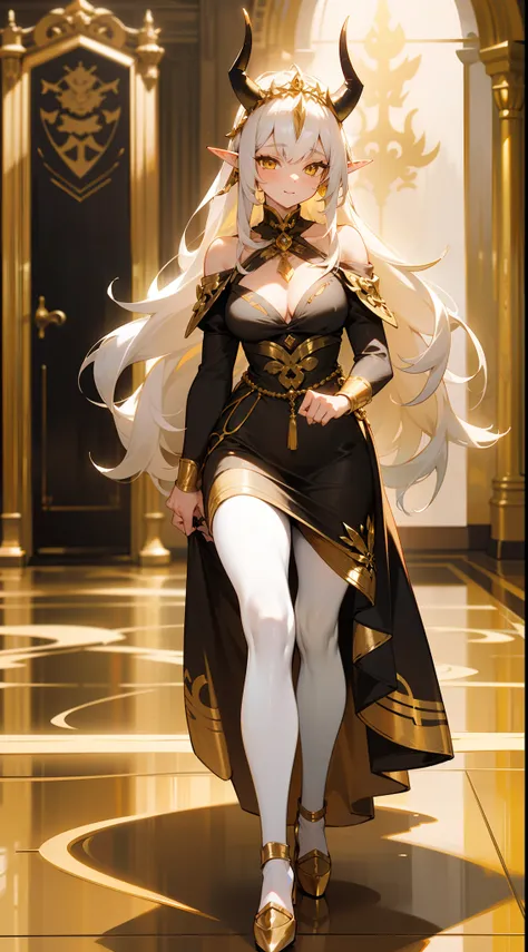 1girl,20 years,solo,happy,black and golden long dress,medium tits,white hair,long hair,yellow eyes,elves ears,white pantyhose,golde tiara,oni horns,Detailed ,gold high heels,Luxurious Gold Decoration,(((walking on a room inside a castle)))