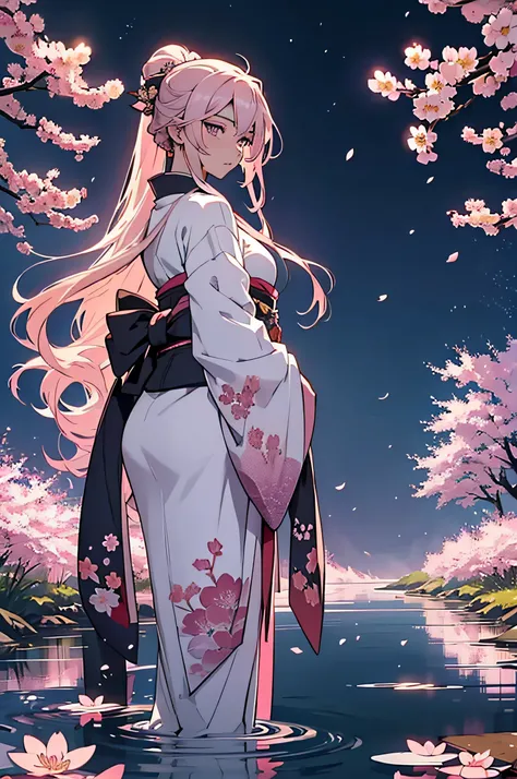 Generate an aesthetically pleasing anime character set against a beautifully detailed background. The character should be a young, elegant, and mysterious female with long flowing hair, dressed in a traditional kimono adorned with intricate floral patterns...