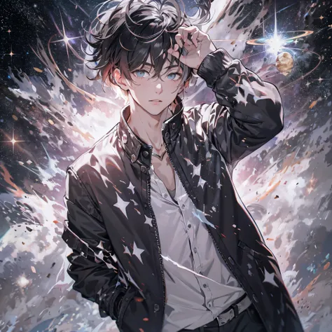 ridiculous resolution, high resolution, (masterpiece:1.4), super detailed, young man, white shirt, black jacket, seen from above, space, floating, comets, star gazer --v 6