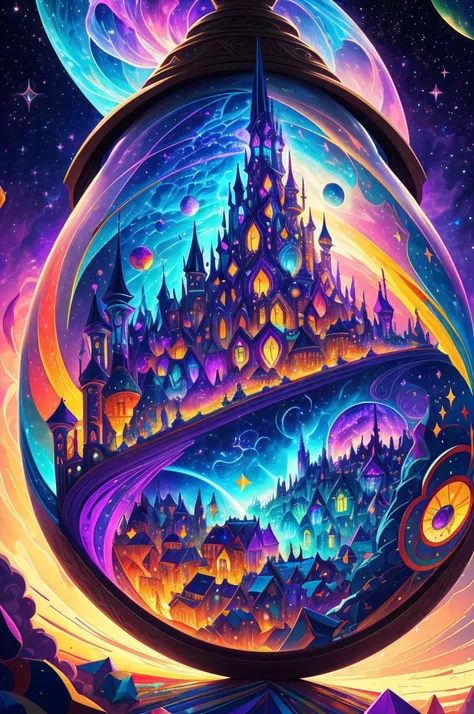 multicolor multidimensional astral ethereal space nebulae, medieval magic arcane enchanted village ""biopunk ovni in clound, cyb...